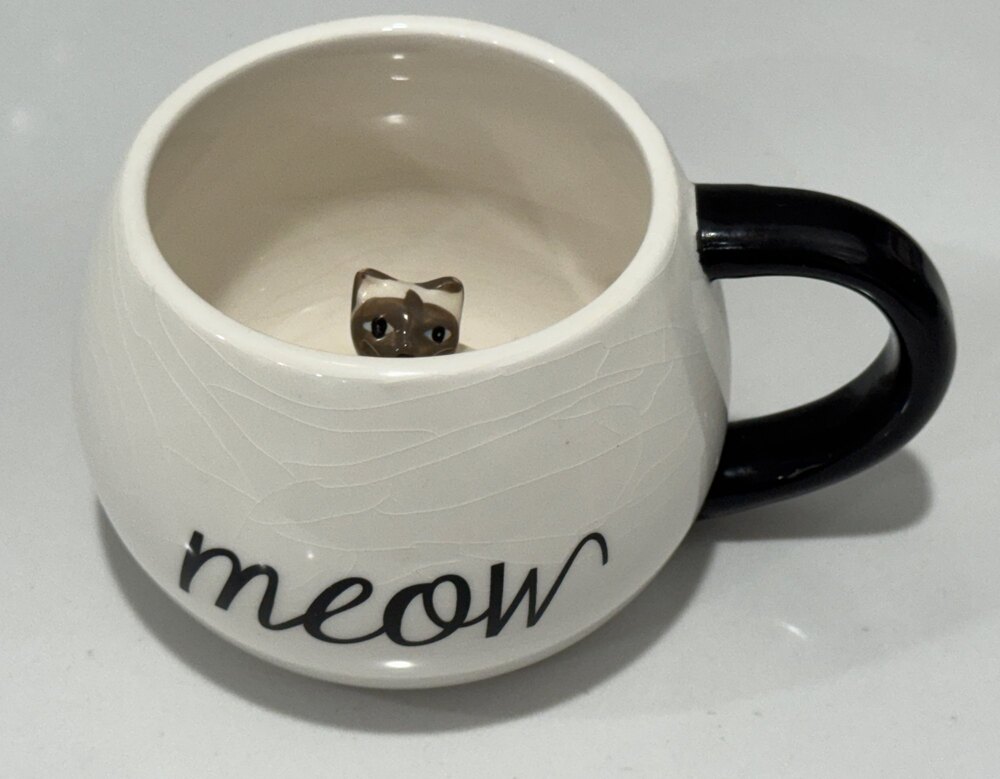 World Market Siamese Cat Peek A Boo Mug Hidden Figurine Meow White Coffee Cup